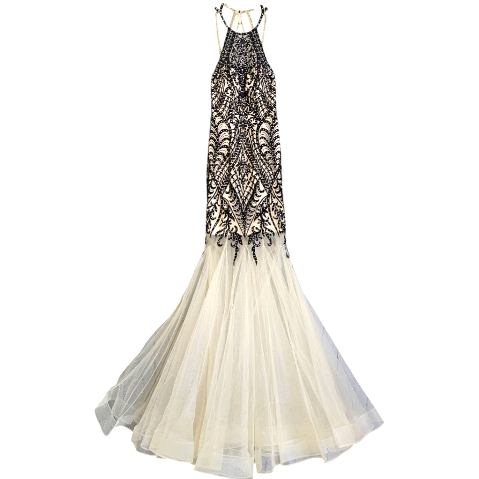 Camille Lavie Black Rhinestone Filagree Lace Over Creme Tulle High/Low Prom Gown